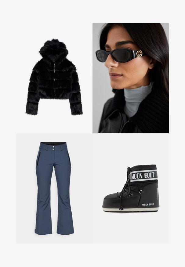 Juodasis dirbtinio kailio trumpas švarkas su kapišonu. Su užtrauktuku, minkšta tekstūra ir horizontaliu siuvinėjimo dizainu.; Juodas ilgomis rankovėmis trumpas viršus su aukštu apykakle. Pagamintas iš lygios, prigludusios medžiagos, be matomų raštų ar akcentų.; Tamsiai mėlyni lauko keliai, pagaminti iš lanksčios medžiagos, su aukštu juosmeniu, dviem užtrauktukais uždaromomis šoninėmis kišenėmis ir platėjančia hemline.; Juodas mėnulio botas su paminkštintu viršumi, užsegamas raišteliais ir išskirtine balta juosta su logotipu. Storas, tekstūruotas guminis padas.; Juodos saulės akinius, turinčius elegantišką stačiakampį rėmą su auksiniu logotipo akcentu šone. Tamsūs lęšiai ir blizgus paviršius išsiskiria.