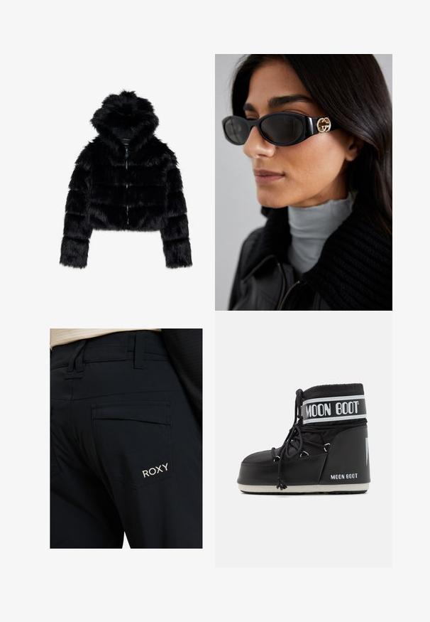 Melnā mākslīgā kažokādas kroptā jaka ar kapuci. Iespējas: rāvējslēdzēja aizdare, mīksta tekstūra un horizontāla quiltēta dizaina.; Melna garām piedurknēm topa ar teksturētu audumu, ar viļņainu dizainu un izcilām loku rakstām visā virsmā. Apaļa kakla izgriezums un pieguļošs siluets.; Melni bikses ar gludu tekstūru, pielāgotu piegriezumu un lielām aizmugurējām kabatām. Roxy logo ir izšūts baltā krāsā uz labās kabatas.; Melna Mēness zābaku ar mīkstu augšdaļu, kas nostiprināta ar auklām un izceļas ar izteiksmīgu balto joslu ar logotipu. Resna, strukturēta gumijas zole.; Melni saulesbrilles ar gludu taisnstūra formu un zelta logo akcentu uz sāna. Tumši objektīvi un spīdīga apdare ir izceltas.