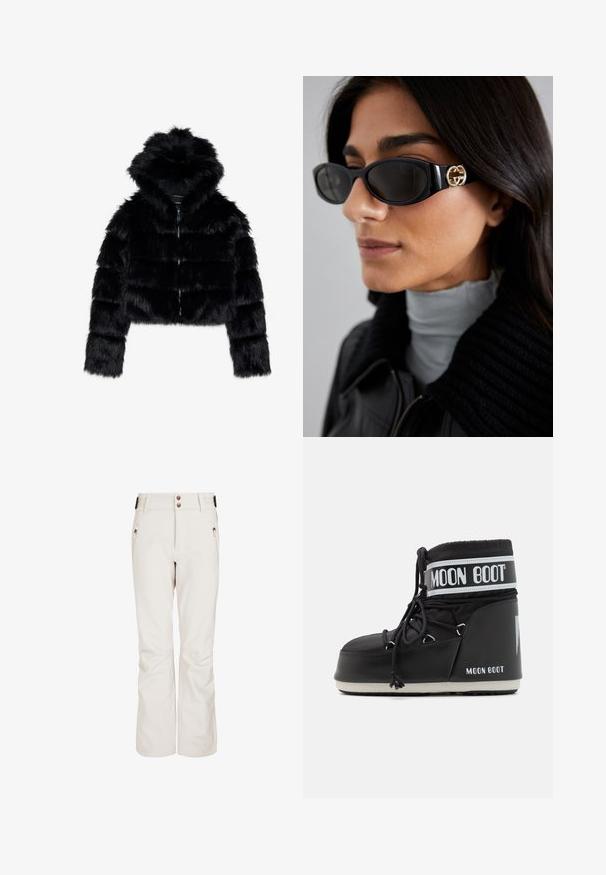Černá umělá kožešinová zkrácená bunda s kapucí. Obsahuje zipové zapínání, měkkou texturu a vodorovný prošívaný design.; Bílý dlouhý rukáv rolák vyrobený z hladkého, pružného materiálu. Má těsný střih a vysoký límec. Žádné viditelné vzory ani akcenty.; Krémové lyžařské kalhoty s hladkou texturou, vybavené dvěma zipovými kapsami, dvěma předními knoflíky a přiléhavým střihem pro teplo a pohyblivost.; Černé Moon Boots s polstrovanou svrškem, upevněné tkaničkami a výrazným bílým pruhem s logem. Tlustá, texturovaná gumová podrážka.; Černé sluneční brýle s elegantním obdélníkovým rámem a zlatým logem na boční straně. Tmavé čočky a lesklý povrch jsou výrazné.