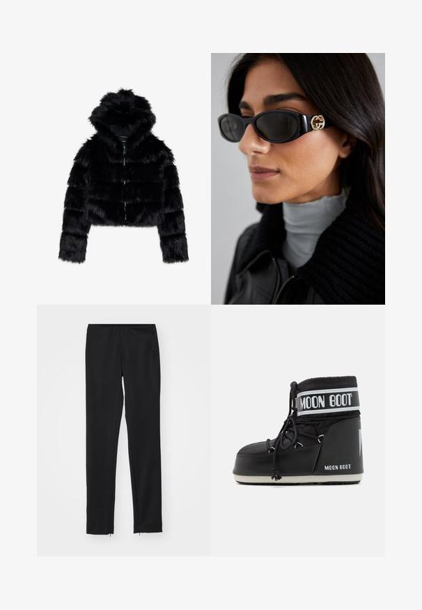 Must värvi faux karusnaha lühike jakk kapuutsiga. Omab tõmblukku, pehmet tekstuuri ning horisontaalset tikandimustrid.; Valge pikad varrukad kõrge kaelusega särk, valmistatud sujuvast ja venivast kangast. Omab tihedat istuvust ja kõrget kraed. Ei ole nähtavaid mustreid ega aktsente.; Mustad, slim-fit püksid elastse vöökoha ja sileda tekstuuriga, mille allääres on tõmblukuga detailid. Valmistatud kerge kangaga.; Must musta moonboot, millel on pehmendatud ülaserv, mis on kinnitatud paeltega ja millel on iseloomulik valge riba, millel on logo. Paks, tekstureeritud kummitald.; Mustad musternuga prillid, millel on ansamblil süsimust ristkülikukujuline raam ja külgedel kuldne logo. Tumeda objektiiviga ja läikiv viimistlus on silmatorkavad.