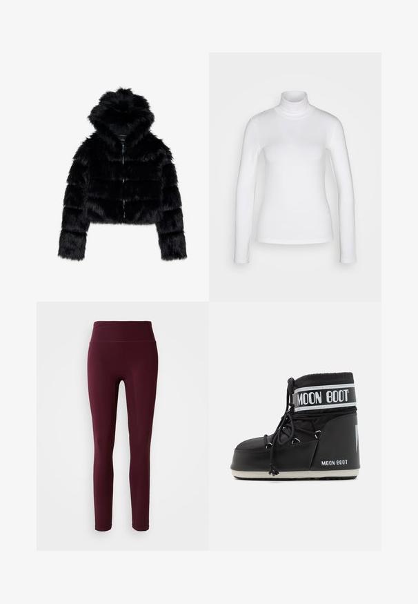 Schwarze Kunstfell-Bolerojacke mit Kapuze. Sie verfügt über einen Reißverschluss, eine weiche Textur und ein quer gestepptes Design.; Weißes langärmeliges Rollkragenshirt aus einem glatten, dehnbaren Stoff. Hat eine enganliegende Passform und einen hohen Kragen. Keine sichtbaren Muster oder Akzente.; Bordeauxfarbene Leggings mit hohem Bund, aus elastischem Stoff, mit glatter Textur und eng anliegendem Design. Keine sichtbaren Muster oder Akzente.; Schwarze Moon Boot mit gepolstertem Schaft, der mit Schnürsenkeln gesichert ist, und einem auffälligen weißen Band mit dem Logo. Dicke, strukturierte Gummisohle.