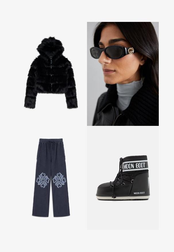 Veste cropped en fausse fourrure noire avec capuche. Elle présente une fermeture éclair, une texture douce et un design matelassé horizontal.; Chemise à col roulé blanc à manches longues en tissu lisse et extensible. Offre une coupe ajustée et un col haut. Pas de motifs ni d'accents visibles.; Pantalon de survêtement bleu marine avec taille à cordon, doté de deux motifs brodés bleu clair à l'avant et sur les poches latérales.; Bottes de lune noires avec un dessus rembourré, maintenues par des lacets et une bande blanche distinctive portant le logo. Semelle en caoutchouc épaisse et texturée.; Lunettes de soleil noires avec une monture rectangulaire élégante et un accent logo doré sur le côté. Les verres sombres et la finition brillante sont proéminents.