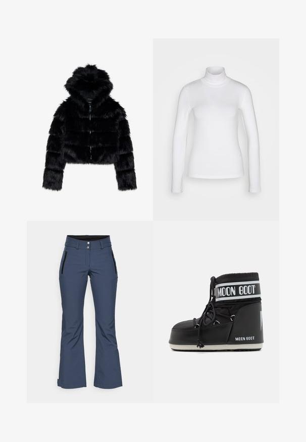 Svart fuskepels cropped jakke med hette. Har glidelås, myk tekstur og horisontalt kviltet design.; Hvit langermet genser med høy hals laget av et glatt, stretchy stoff. Har en tett passform og høy krage. Ingen synlige mønstre eller detaljer.; Marineblå utendørsbukser laget av fleksibelt stoff, med høy midje, to glidelåslommer på siden og en flagrende design nederst.; Svart Moon Boot med polstret overdel, sikkert festet med snorer og et karakteristisk hvitt bånd med logoen. Tyk, teksturert gummisåle.
