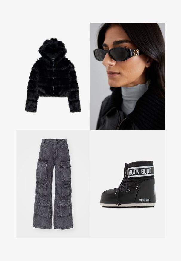Black faux fur cropped jacket with a hood. Features a zip closure, soft texture, and horizontal quilted design.; White long-sleeve turtleneck shirt made from a smooth, stretchy fabric. Features a snug fit and a high collar. No visible patterns or accents.; Alpha Industries MULTIPOCKET PANT - Cargo trousers - black; Black Moon Boot with a padded upper, secured by laces and a distinctive white band featuring the logo. Thick, textured rubber sole.; Black sunglasses featuring a sleek rectangular frame with a gold logo accent on the side. Dark lenses and glossy finish are prominent.