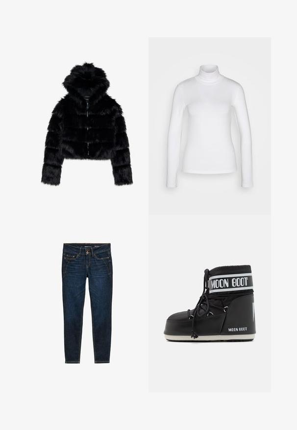 Melnā mākslīgā kažokādas kroptā jaka ar kapuci. Iespējas: rāvējslēdzēja aizdare, mīksta tekstūra un horizontāla quiltēta dizaina.; Balta garo piedurkņu turtlenecka krekls, izgatavots no gludas, elastīgas auduma. Tam ir cieši pieguloša forma un augsts apkakles. Nav redzamu rakstu vai akcentu.; Tumši zili džinsi ar šauru piegriezumu, ar oranžu šuvumu, pieci kabatas un pogu aizdare jostasvietā.; Melna Mēness zābaku ar mīkstu augšdaļu, kas nostiprināta ar auklām un izceļas ar izteiksmīgu balto joslu ar logotipu. Resna, strukturēta gumijas zole.