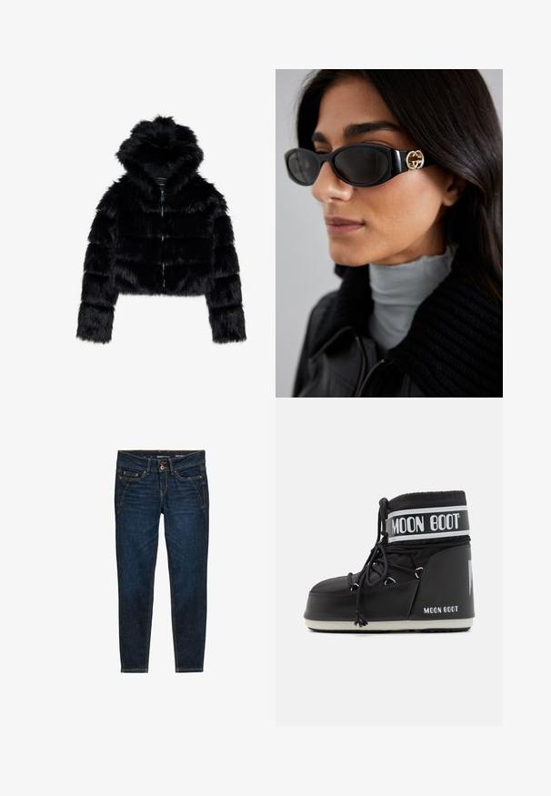 Černá umělá kožešinová zkrácená bunda s kapucí. Obsahuje zipové zapínání, měkkou texturu a vodorovný prošívaný design.; Bílý dlouhý rukáv rolák vyrobený z hladkého, pružného materiálu. Má těsný střih a vysoký límec. Žádné viditelné vzory ani akcenty.; Tmavě modré džíny s úzkým střihem, s oranžovým prošitím, pěti kapsami a knoflíkovým zapínáním v pase.; Černé Moon Boots s polstrovanou svrškem, upevněné tkaničkami a výrazným bílým pruhem s logem. Tlustá, texturovaná gumová podrážka.; Černé sluneční brýle s elegantním obdélníkovým rámem a zlatým logem na boční straně. Tmavé čočky a lesklý povrch jsou výrazné.