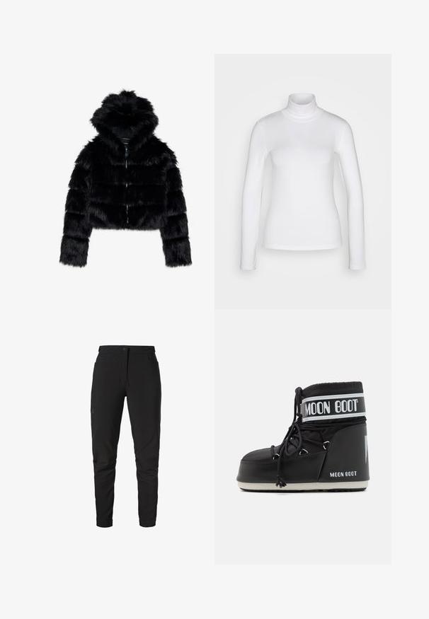 Schwarze Kunstfell-Bolerojacke mit Kapuze. Sie verfügt über einen Reißverschluss, eine weiche Textur und ein quer gestepptes Design.; Weißes langärmeliges Rollkragenshirt aus einem glatten, dehnbaren Stoff. Hat eine enganliegende Passform und einen hohen Kragen. Keine sichtbaren Muster oder Akzente.; Schwarze, schmale Jeans aus leichtem Material. Verfügt über zwei Vordertaschen und einen Knopfverschluss. Geeignet für Aktivitäten im Freien.; Schwarze Moon Boot mit gepolstertem Schaft, der mit Schnürsenkeln gesichert ist, und einem auffälligen weißen Band mit dem Logo. Dicke, strukturierte Gummisohle.