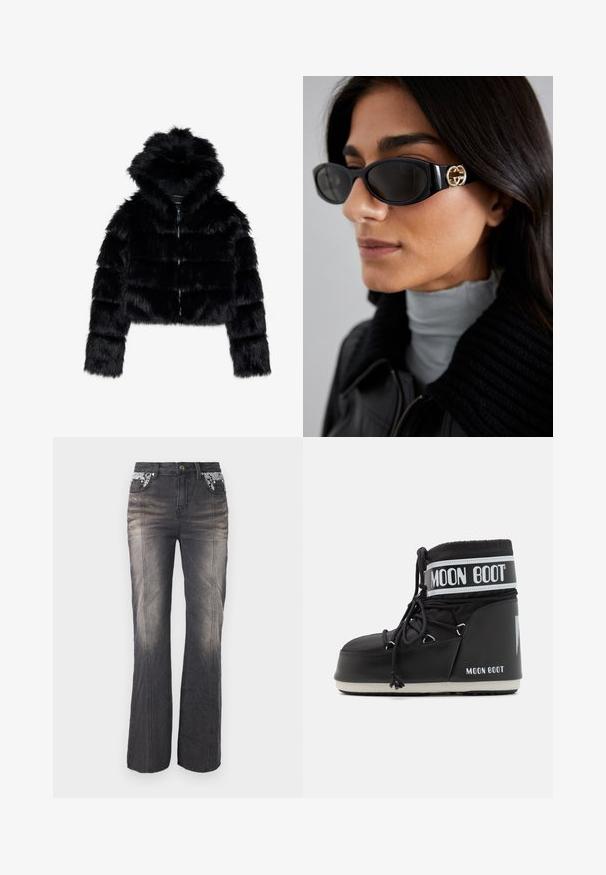 Must värvi faux karusnaha lühike jakk kapuutsiga. Omab tõmblukku, pehmet tekstuuri ning horisontaalset tikandimustrid.; Valge pikad varrukad kõrge kaelusega särk, valmistatud sujuvast ja venivast kangast. Omab tihedat istuvust ja kõrget kraed. Ei ole nähtavaid mustreid ega aktsente.; Mustad denim teksad sirge jalaga disainiga, millel on pitsilised detailid taskutel ja kerge kulumine. Riistvara sisaldab metallist nööpi ja nitte.; Must musta moonboot, millel on pehmendatud ülaserv, mis on kinnitatud paeltega ja millel on iseloomulik valge riba, millel on logo. Paks, tekstureeritud kummitald.; Mustad musternuga prillid, millel on ansamblil süsimust ristkülikukujuline raam ja külgedel kuldne logo. Tumeda objektiiviga ja läikiv viimistlus on silmatorkavad.