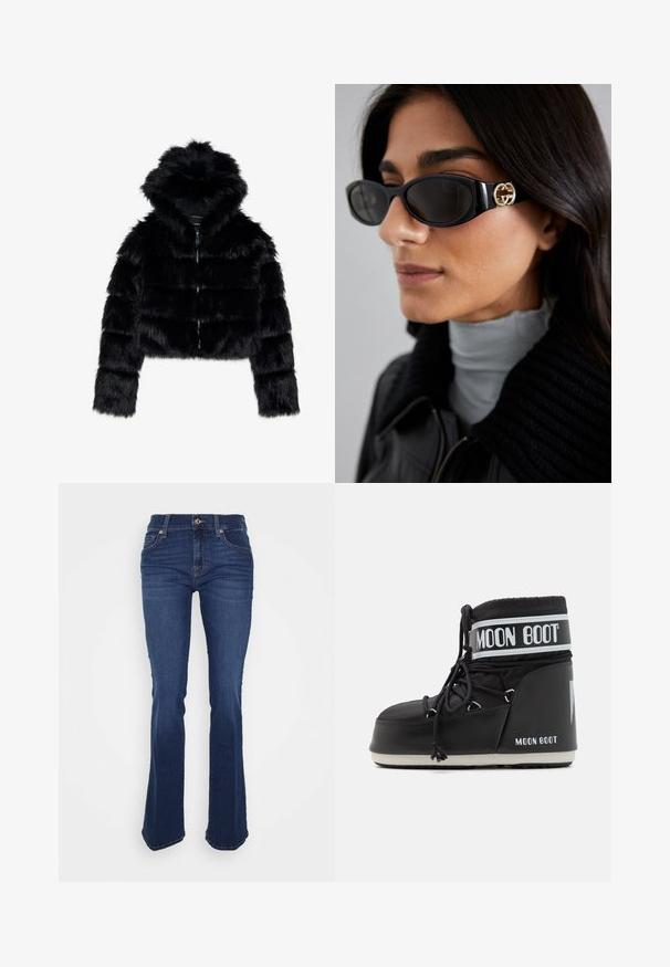 Black faux fur cropped jacket with a hood. Features a zip closure, soft texture, and horizontal quilted design.; White long-sleeve turtleneck shirt made from a smooth, stretchy fabric. Features a snug fit and a high collar. No visible patterns or accents.; Flared blue jeans made of denim, featuring a high waist, front pockets, and contrasting stitching. The fabric has a smooth texture.; Black Moon Boot with a padded upper, secured by laces and a distinctive white band featuring the logo. Thick, textured rubber sole.; Black sunglasses featuring a sleek rectangular frame with a gold logo accent on the side. Dark lenses and glossy finish are prominent.