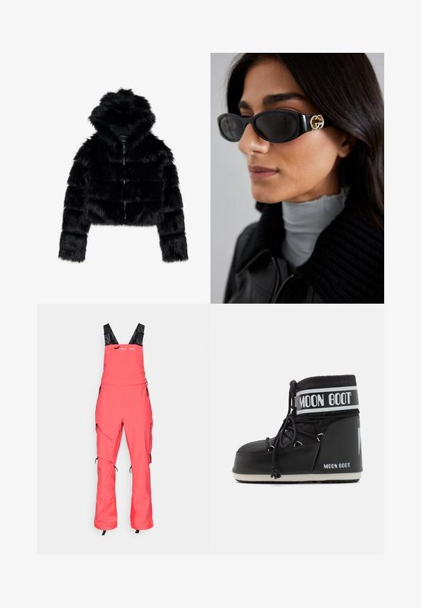 Zwarte nep-bonten cropped jack met een capuchon. Voorzien van een ritsluiting, een zachte textuur en een horizontaal gestikt design.; Witte langemouwen turtle neck shirt van een soepel, rekbaar stof. Heeft een strakke pasvorm en een hoge kraag. Geen zichtbare patronen of accenten.; Koraalrode sneeuwoverall met verstelbare zwarte bandjes, ritszakken en aansnoerdetails bij de benen. Waterdichte stof, moderne pasvorm.; Zwarte Moon Boot met een gevoerde bovenkant, bevestigd met veters en een kenmerkende witte band met het logo. Dikke, gestructureerde rubberen zool.; Zwarte zonnebril met een stijlvolle rechthoekige montuur en een gouden logo-accent aan de zijkant. Donkere lenzen en een glanzende afwerking zijn opvallend.; Zwarte gebreide handschoenen met een geribde manchet, ontworpen met aparte vingergaten voor volledige behendigheid. Zachte textuur en gelijkmatige stikdetails.