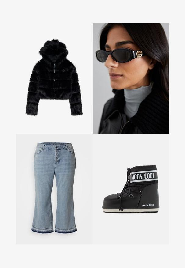 Svart fuskepels cropped jakke med hette. Har glidelås, myk tekstur og horisontalt kviltet design.; Hvit langermet genser med høy hals laget av et glatt, stretchy stoff. Har en tett passform og høy krage. Ingen synlige mønstre eller detaljer.; Lyseblå denim culotter med høy midje, fem knapper, sidelommer og slitne kanter. Designet for en avslappet passform.; Svart Moon Boot med polstret overdel, sikkert festet med snorer og et karakteristisk hvitt bånd med logoen. Tyk, teksturert gummisåle.; Sorte solbriller med en slank rektangulær ramme og et gulllogo som aksent på siden. Mørke linser og glatt overflate er fremtredende.