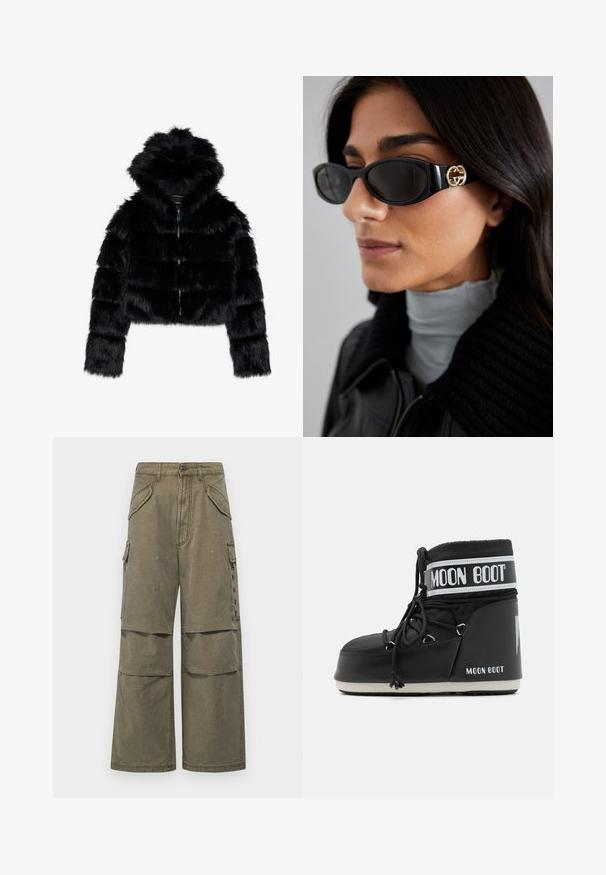 Schwarze Kunstfell-Bolerojacke mit Kapuze. Sie verfügt über einen Reißverschluss, eine weiche Textur und ein quer gestepptes Design.; Weißes langärmeliges Rollkragenshirt aus einem glatten, dehnbaren Stoff. Hat eine enganliegende Passform und einen hohen Kragen. Keine sichtbaren Muster oder Akzente.; Khaki Cargo-Hosen aus Baumwolle im weit geschnittenen Stil, mit mehreren Taschen und genähten Details. Eignet sich für die Freizeit.; Schwarze Moon Boot mit gepolstertem Schaft, der mit Schnürsenkeln gesichert ist, und einem auffälligen weißen Band mit dem Logo. Dicke, strukturierte Gummisohle.; Schwarze Sonnenbrille mit einem schlanken rechteckigen Rahmen und einem goldenen Logo-Akzent an der Seite. Dunkle Gläser und glänzende Oberfläche sind auffällig.