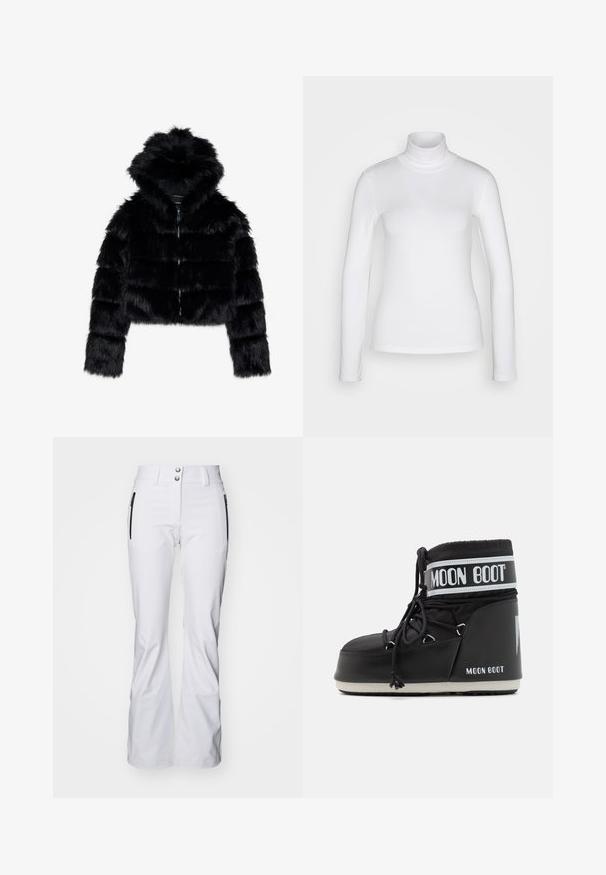 Jaqueta curta de pelúcia preta com capuz. Apresenta um fecho de zíper, textura suave e design com quilt horizontal.; Camisola branca de gola alta de manga longa, feita de um tecido liso e elástico. Apresenta um ajuste justo e uma gola alta. Sem padrões ou detalhes visíveis.; Calças de ski brancas, feitas de tecido soft shell, com um design de perna reta, dois bolsos laterais com fecho de correr e fechos duplos com botão na cintura.; Bota Moon preta com parte superior acolchoada, segura por atacadores e uma faixa branca distintiva com o logótipo. Sola de borracha grossa e texturizada.