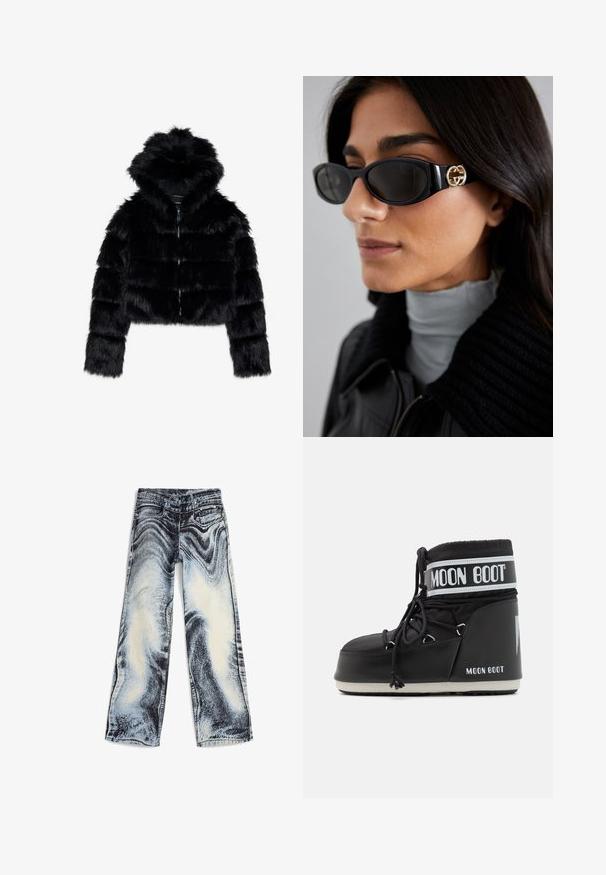 Veste cropped en fausse fourrure noire avec capuche. Elle présente une fermeture éclair, une texture douce et un design matelassé horizontal.; Chemise à col roulé blanc à manches longues en tissu lisse et extensible. Offre une coupe ajustée et un col haut. Pas de motifs ni d'accents visibles.; Jean larges avec un motif marbré bleu et blanc, fabriqués en denim avec une texture délavée, cinq poches et des accents en métal.; Bottes de lune noires avec un dessus rembourré, maintenues par des lacets et une bande blanche distinctive portant le logo. Semelle en caoutchouc épaisse et texturée.; Lunettes de soleil noires avec une monture rectangulaire élégante et un accent logo doré sur le côté. Les verres sombres et la finition brillante sont proéminents.