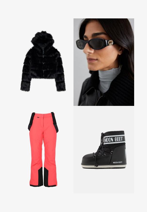 Zwarte nep-bonten cropped jack met een capuchon. Voorzien van een ritsluiting, een zachte textuur en een horizontaal gestikt design.; Witte langemouwen turtle neck shirt van een soepel, rekbaar stof. Heeft een strakke pasvorm en een hoge kraag. Geen zichtbare patronen of accenten.; Roze sneeuwbroeken met verstelbare zwarte banden, twee knoopsluitingen, zwarte accenten aan de zoom, waterdichte stof en een rechte pootontwerp.; Zwarte Moon Boot met een gevoerde bovenkant, bevestigd met veters en een kenmerkende witte band met het logo. Dikke, gestructureerde rubberen zool.; Zwarte zonnebril met een stijlvolle rechthoekige montuur en een gouden logo-accent aan de zijkant. Donkere lenzen en een glanzende afwerking zijn opvallend.