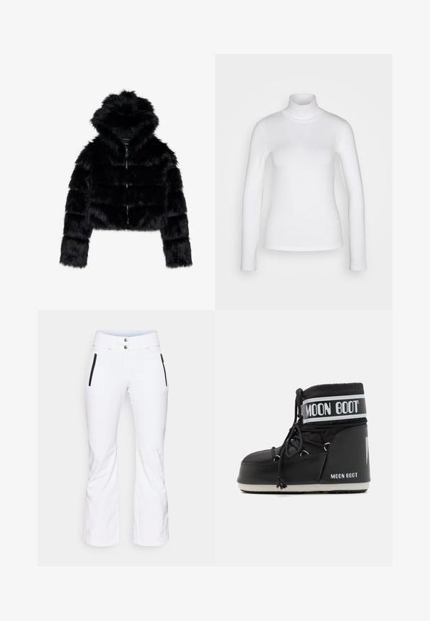 Juodasis dirbtinio kailio trumpas švarkas su kapišonu. Su užtrauktuku, minkšta tekstūra ir horizontaliu siuvinėjimo dizainu.; Balta ilgomis rankovėmis turtleneck marškinėliai, pagaminti iš lygaus, tamprių audinių. Turi aptemptą siluetą ir aukštą apykaklę. Nėra matomų raštų ar akcentų.; Baltos slidinėjimo kelnės su siaurėjančiomis kojomis, dviem juodais užtrauktukais šoninėmis kišenėmis ir dviem metaliniais mygtukais juosmenyje. Lygus, vandeniui atsparus medžiaga.; Juodas mėnulio botas su paminkštintu viršumi, užsegamas raišteliais ir išskirtine balta juosta su logotipu. Storas, tekstūruotas guminis padas.