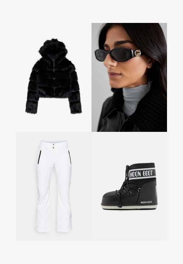 Melnā mākslīgā kažokādas kroptā jaka ar kapuci. Iespējas: rāvējslēdzēja aizdare, mīksta tekstūra un horizontāla quiltēta dizaina.; Balta garo piedurkņu turtlenecka krekls, izgatavots no gludas, elastīgas auduma. Tam ir cieši pieguloša forma un augsts apkakles. Nav redzamu rakstu vai akcentu.; Baltie slēpošanas bikses ar sašaurinātu kāju, divām melnām rāvējslēdzēja kabatām sānos un diviem metāla pogām jostasvietā. Gluda, ūdensizturīga materiāla.; Melna Mēness zābaku ar mīkstu augšdaļu, kas nostiprināta ar auklām un izceļas ar izteiksmīgu balto joslu ar logotipu. Resna, strukturēta gumijas zole.; Melni saulesbrilles ar gludu taisnstūra formu un zelta logo akcentu uz sāna. Tumši objektīvi un spīdīga apdare ir izceltas.