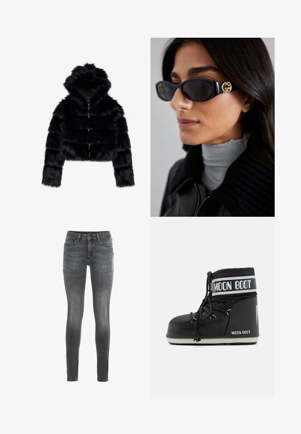 Schwarze Kunstfell-Bolerojacke mit Kapuze. Sie verfügt über einen Reißverschluss, eine weiche Textur und ein quer gestepptes Design.; Weißes Langarm-Turtleneck-Oberteil aus glattem, elastischem Stoff. Mit hohem Kragen und tailliertem Schnitt, ohne sichtbare Muster oder Verzierungen.; Schwarze Skinny Jeans aus dunkelgrauem Denim mit glatter Textur. Verfügt über fünf Taschen, einen Frontknopfverschluss und dezente Nähdetails.; Schwarze Moon Boot mit gepolstertem Schaft, der mit Schnürsenkeln gesichert ist, und einem auffälligen weißen Band mit dem Logo. Dicke, strukturierte Gummisohle.; Schwarze Sonnenbrille mit einem schlanken rechteckigen Rahmen und einem goldenen Logo-Akzent an der Seite. Dunkle Gläser und glänzende Oberfläche sind auffällig.