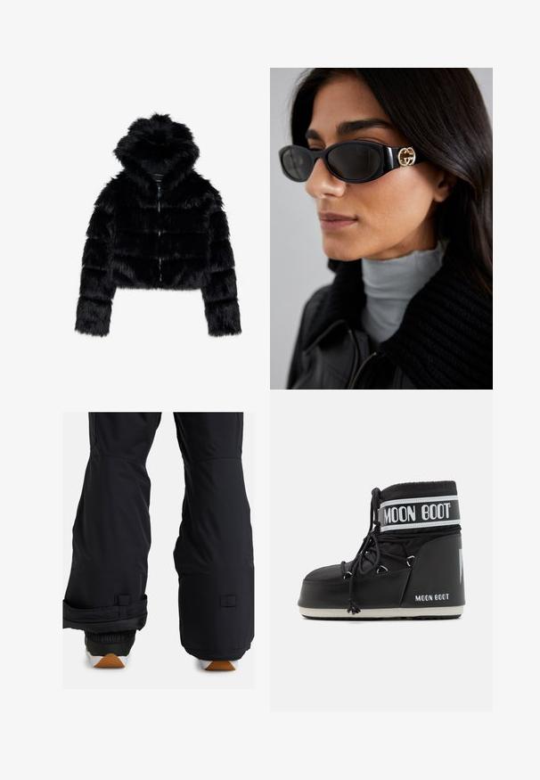 Schwarze Kunstfell-Bolerojacke mit Kapuze. Sie verfügt über einen Reißverschluss, eine weiche Textur und ein quer gestepptes Design.; Weißes Langarm-Turtleneck-Oberteil aus glattem, elastischem Stoff. Mit hohem Kragen und tailliertem Schnitt, ohne sichtbare Muster oder Verzierungen.; Schwarze Schneehosen mit gepolstertem unteren Bereich, verstellbaren Bündchen und einem eleganten, matten Finish; geeignet für Wintersportarten.; Schwarze Moon Boot mit gepolstertem Schaft, der mit Schnürsenkeln gesichert ist, und einem auffälligen weißen Band mit dem Logo. Dicke, strukturierte Gummisohle.; Schwarze Sonnenbrille mit einem schlanken rechteckigen Rahmen und einem goldenen Logo-Akzent an der Seite. Dunkle Gläser und glänzende Oberfläche sind auffällig.; Schwarze gesteppte Handtasche mit einem goldenen Kettenriemen, die einen auffälligen goldenen Verschluss und ein kleines Etikett aufweist, das eine strukturierte Lederoberfläche zeigt.
