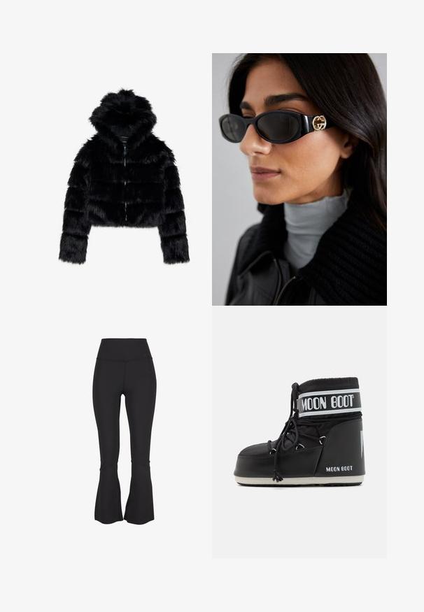 Sort faux fur cropped jakke med hætte. Har lynlåslukning, blød tekstur og horisontal quiltet design.; Hvid langærmet turtle-neck top lavet af glat, strækbart stof. Har en høj krave og tætsiddende design, uden synlige mønstre eller udsmykninger.; Sorte flagrende leggings lavet af et strækbart, glat stof. Høj talje og slids ved bunden af benene tilføjer ekstra designdetaljer.; Sort Moon Boot med en polstret overdel, sikret med snørebånd og et karakteristisk hvidt bånd med logoet. Tykk, struktureret gummi sål.; Sorte solbriller med en strømlinet rektangulær ramme og en guld logoaccent på siden. Mørke linser og blank overflade er fremtrædende.; Sorte strikkede handsker med ribbet manchet, designet med separate fingeråbninger for fuld bevægelighed. Blød tekstur og jævn syning.