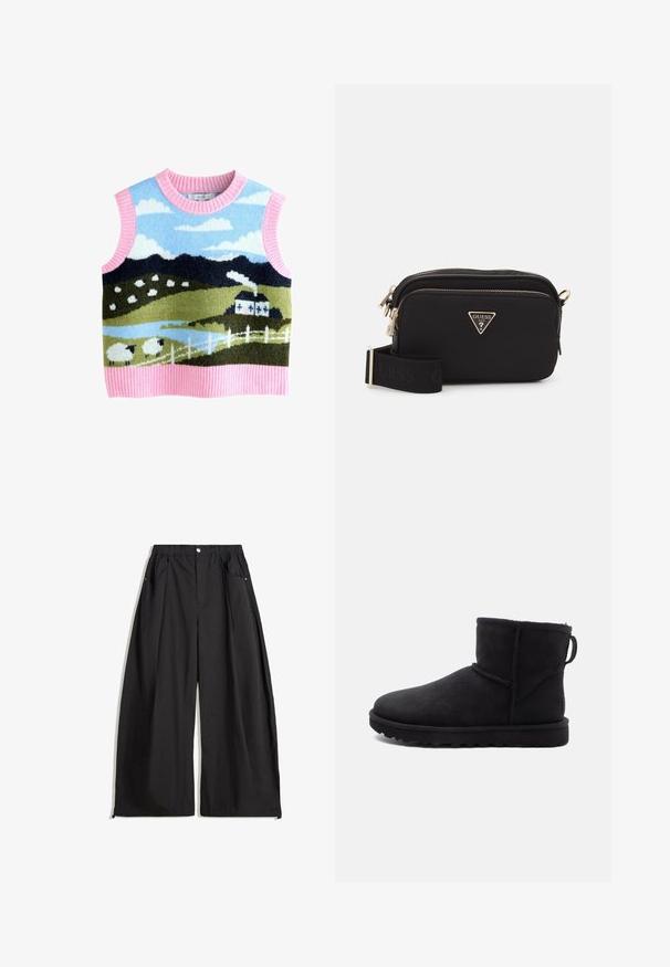 Veste cropped en fausse fourrure noire avec capuche. Elle présente une fermeture éclair, une texture douce et un design matelassé horizontal.; Pull sans manches tricoté avec une scène pastorale colorée comprenant des moutons, des montagnes et une maison. Encolure et ourlet côtelés roses. Texture douce.; Pantalon large noir à taille haute, avec des plis, une fermeture à bouton sur le devant et deux poches latérales. Fabriqué dans un tissu avec un fini texturé.; Bottine en daim noir, à bout rond, doublée de shearling et avec une semelle en caoutchouc plate. Elle présente une couture latérale et une languette à l'arrière.; Sac en bandoulière noir en nylon avec un logo triangulaire doré, fermeture éclair, et une large sangle ajustable arborant le mot "GUESS" en noir.