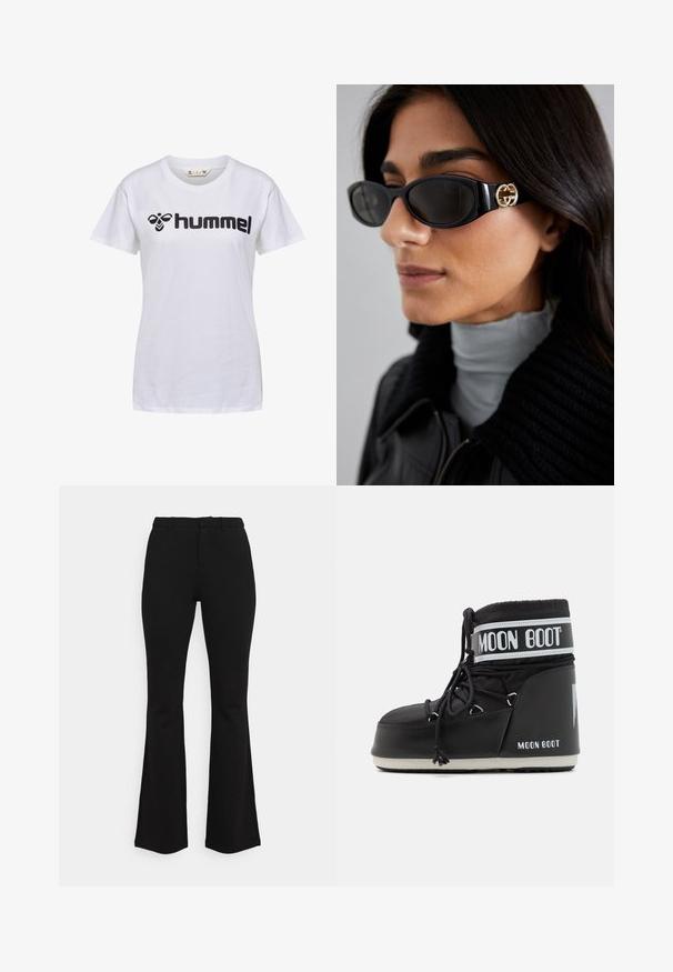 Zwarte nep-bonten cropped jack met een capuchon. Voorzien van een ritsluiting, een zachte textuur en een horizontaal gestikt design.; Witte katoenen T-shirt met korte mouwen. Voorzien van een zwart "hummel" logo en grafisch ontwerp op de voorkant. Ronde hals stijl.; Zwarte flare-broeken van rekbare stof. Heeft een aansluitende taille, een vlakke voorkant en subtiele naaddetails. Over het algemeen een gladde textuur.; Zwarte Moon Boot met een gevoerde bovenkant, bevestigd met veters en een kenmerkende witte band met het logo. Dikke, gestructureerde rubberen zool.; Zwarte zonnebril met een stijlvolle rechthoekige montuur en een gouden logo-accent aan de zijkant. Donkere lenzen en een glanzende afwerking zijn opvallend.