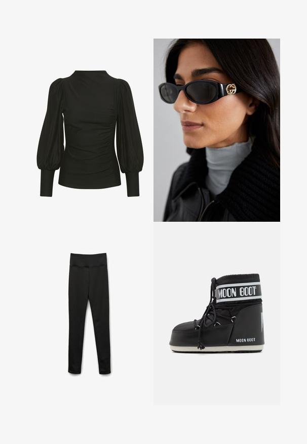 Černá umělá kožešinová zkrácená bunda s kapucí. Obsahuje zipové zapínání, měkkou texturu a vodorovný prošívaný design.; Černý top s nafouklými rukávy, elegantní design, jemná látka, obsahující řasení na stranách a úzké manžety. Minimalistický styl, žádné viditelné logo.; Černé legíny vyrobené z elastické tkaniny s širokým pasem. Mají hladký povrch a žádné viditelné vzory ani kovové prvky.; Černé Moon Boots s polstrovanou svrškem, upevněné tkaničkami a výrazným bílým pruhem s logem. Tlustá, texturovaná gumová podrážka.; Černé sluneční brýle s elegantním obdélníkovým rámem a zlatým logem na boční straně. Tmavé čočky a lesklý povrch jsou výrazné.