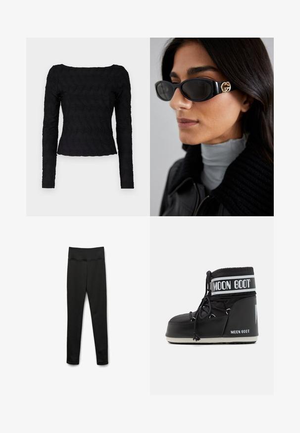Czarna kurtka z sztucznego futra, krótka, z kapturem. Posiada zamek błyskawiczny, miękką fakturę oraz poziomy, pikowany wzór.; Czarny top z długim rękawem, z teksturowanym, falistym wzorem. Posiada kwadratowy dekolt i dopasowany krój w talii, wykonany z elastycznego materiału.; Czarne legginsy wykonane z elastycznego materiału, z szerokim pasem w talii. Charakteryzują się gładką fakturą i brakiem widocznych wzorów lub elementów hardware.; Czarne buty Moon Boot z wyściełanym cholewką, zabezpieczone sznurówkami i charakterystycznym białym paskiem z logo. Gruba, teksturowana gumowa podeszwa.; Czarne okulary przeciwsłoneczne o eleganckim, prostokątnym kształcie z logo w kolorze złotym na boku. Ciemne soczewki i błyszczące wykończenie są wyraźnie widoczne.