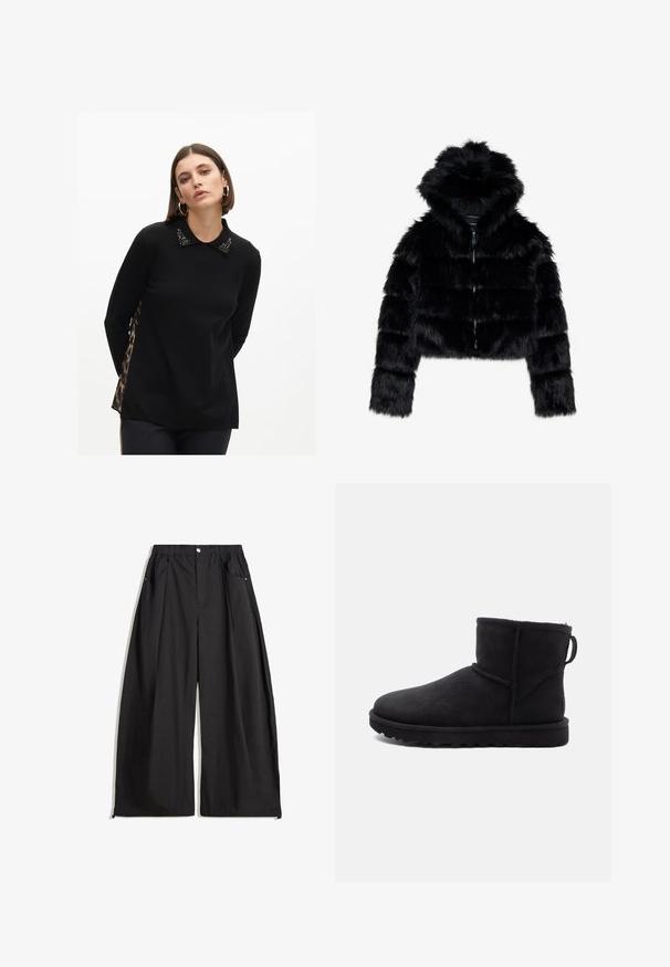 Černá umělá kožešinová zkrácená bunda s kapucí. Obsahuje zipové zapínání, měkkou texturu a vodorovný prošívaný design.; Černý top s dlouhým rukávem a límcem zdobeným černými korálky; na jedné straně má panel s leopardím potiskem, měkkou texturu a volný střih.; Černé kalhoty s širokými nohavicemi a vysokým pasem, s plizováním, vpředu na knoflík a se dvěma bočními kapsami. Vyrobené z tkaniny s texturovaným povrchem.; Černé semišové kotníkové boty s kulatou špičkou, s ovčí vlnou jako podšívkou a plochou gumovou podrážkou. Obsahují boční šev a poutko na zadní straně.
