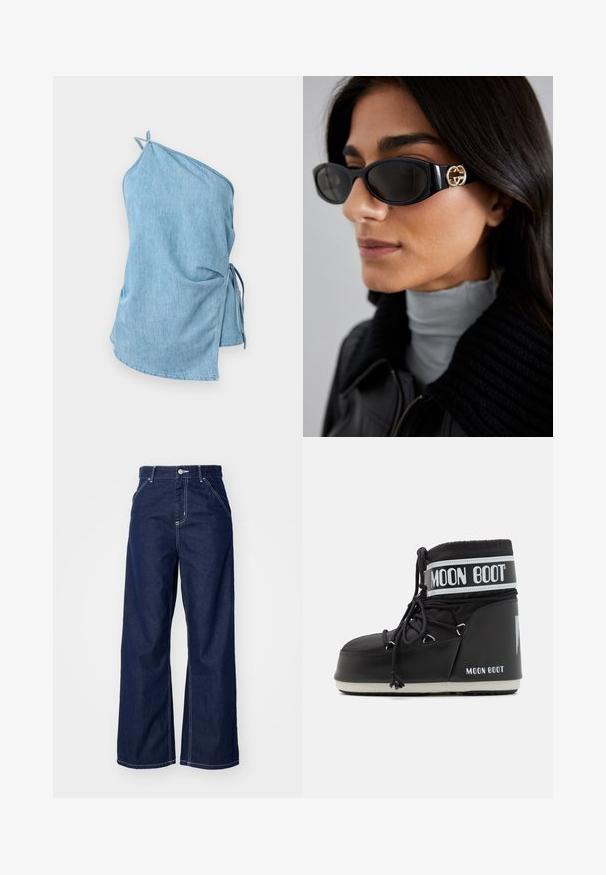 Chaqueta corta de pelo sintético negro con capucha. Cuenta con un cierre de cremallera, textura suave y un diseño acolchado horizontal.; Top de mezclilla en azul claro con un diseño asimétrico. Presenta un lado fruncido con lazos y una sola tira para el hombro para un ajuste seguro.; Jeans de pierna ancha en denim azul oscuro, con una cintura alta, costuras blancas en contraste y diseño tradicional de cinco bolsillos.; Bota Moon negra con parte superior acolchada, asegurada con cordones y una distintiva banda blanca con el logo. Suela de goma gruesa y texturizada.; Gafas de sol negras con un elegante marco rectangular y un acento de logotipo dorado en el lateral. Las lentes oscuras y el acabado brillante son prominentes.; Bolso de mano negro acolchado con una correa de cadena dorada, que presenta un distintivo clasp dorado y una pequeña etiqueta, mostrando una superficie de cuero texturizada.