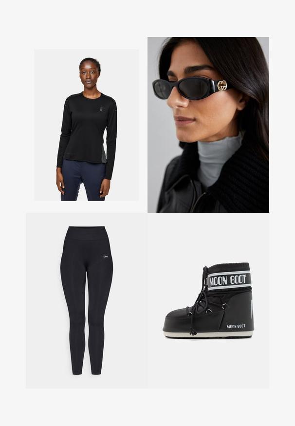 Giacca corta in finta pelliccia nera con cappuccio. Caratterizzata da una chiusura con zip, una texture morbida e un design a righe orizzontali.; Maglietta sportiva nera a maniche lunghe con etichetta in tessuto "DRYTEC™." Presenta un collo rotondo, una superficie morbida e un logo sul lato sinistro del petto e sulla manica.; Leggings neri con vita alta, realizzati in un tessuto liscio e elastico. Presentano un piccolo dettaglio con logo vicino alla vita.; Stivale Moon Boot nero con tomaia imbottita, fissata da lacci e una distintiva fascia bianca con il logo. Suola in gomma spessa e texture.; Occhiali da sole neri con una montatura rettangolare elegante e un accento del logo dorato sul lato. Le lenti scure e la finitura lucida sono evidenti.