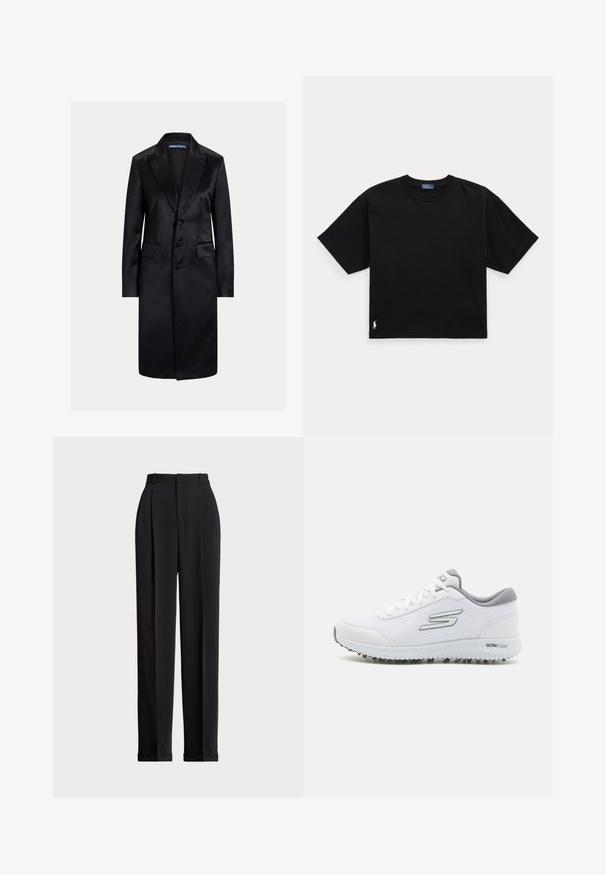 Musta satiininen pitkä takki, jossa on käännetty kaulus, yksirivinen malli, kolme nappia ja sivutaskut. Sileä pinta ja istuva leikkaus.; Musta puuvillapaita lyhyillä hihoilla, pyöreällä kaula-aukolla ja pienellä valkoisella logolla vasemmassa alareunassa. Klassinen, laatikkomainen malli, jossa on minimaalista yksityiskohtaisuutta.; Mustat räätälöidyt housut, joissa on korkea vyötärö, etupuolella laskokset, suora lahjeturmu ja käännetty helma. Valmistettu sileästä kankaasta.; Valkoiset urheilukengät, joissa on teksturoitu verkkopäällinen, hopeiset yksityiskohdat ja kevyt pohja, joka sisältää pieniä pito-nastoja, nimetty "ULTRA FLIGHT".