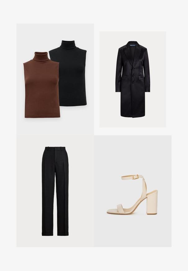 Palton lung negru din satin, cu rever scobit, design cu o singură rânduire, trei nasturi și buzunare laterale. Textură netedă și croială adaptată.; Două bluze fără mâneci, din tricot cu guler înalt, în nuanțe de maron și negru, expuse pe un fundal alb simplu.; Pantaloni negri, cu talie înaltă, din in. Au un croi drept, pliuri presate și tiv cu mansete. Fără buzunare sau închideri vizibile.; Sandalie bej cu toc înalt, cu vârf pătrat, curea subțire în jurul gleznei și toc bloc. Textură de piele netedă cu detalii din cataramă aurie.