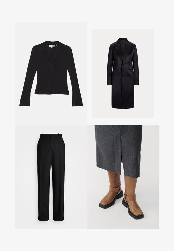 Palton lung negru din satin, cu rever scobit, design cu o singură rânduire, trei nasturi și buzunare laterale. Textură netedă și croială adaptată.; Diane von Furstenberg MACKENZIE - Bluză cu mânecă lungă - black; Polo Ralph Lauren HIGH RISE RELAXED STRAIGHT TROUSER - Pantaloni - black; Botine din piele maro, până la genunchi, cu vârf pătrat, talpă din cauciuc negru și detalii cu curea reglabile. Purtați cu o fustă gri cu dungi.