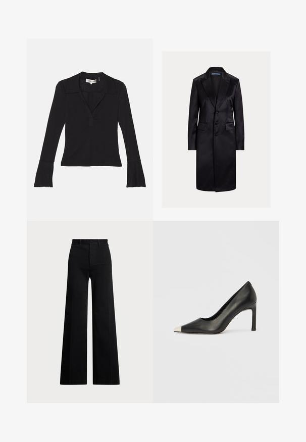 Zwarte satijnen lange jas met een notched revers, single-breasted ontwerp, drie knopen en zijzakken. Glad oppervlak en een getailleerde pasvorm.; Diane von Furstenberg MACKENZIE - Longsleeve - black; Zwarte wijde broek van geweven stof, met een hoge taille, sluiting met een knop aan de voorkant en zijzakken. Soepele textuur met strakke lijnen.; Zwarte leren hoge hak met een spits toelopende neus en een metalen zilverkleurige kap. Heeft een gladde afwerking en een slanke hak van 10 cm.
