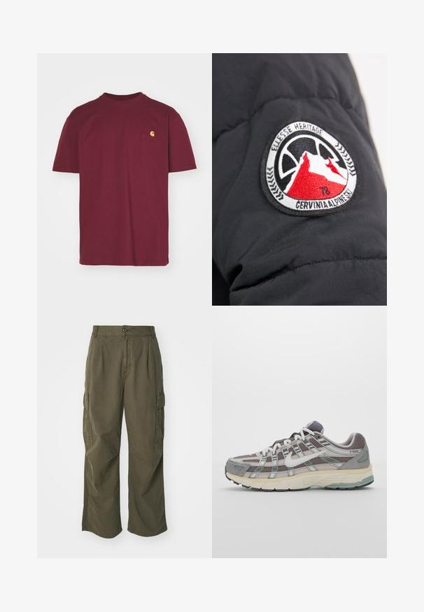 Manica di giacca imbottita nera con una toppa rotonda ricamata raffigurante monti in rosso e bianco, con la scritta "CERVINIA ALPINE SKI."; Felpa marrone con design a scollo a V, maniche lunghe a raglan e polsini a coste. Presenta un logo ricamato discreto sul petto. Texture liscia.; Carhartt WIP AMERICAN SCRIPT - T-shirt basic - malbec; Pantaloni cargo in verde oliva, realizzati in cotone, con un design a gamba larga, pieghe e tasche laterali per utilità.; Scarpa sportiva grigia con tomaia in mesh e suede, dettagli bianchi, suola ammortizzata e un design distintivo con elementi riflettenti.