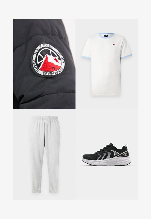 Black puffer jacket arm featuring a round embroidered patch. The patch has a mountain design with red accents, text, and a decorative border.; White cotton t-shirt with light blue ribbed collar and sleeve edges. Features a small red and orange logo on the chest. Classic fit.; Gray jogger pants made of soft fabric, featuring an elastic waistband, side pockets, and tapered legs. Smooth texture and minimal detailing.; Black athletic shoes with a textured mesh upper, white accents, and a cushioned sole. Features a lace-up design and logo on the heel.