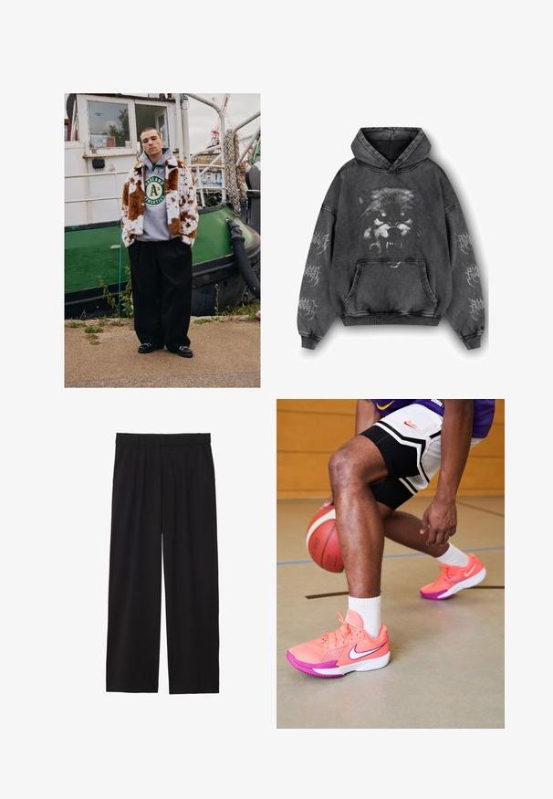 Un giovane che indossa un cappotto di pelliccia maculato marrone e bianco sopra un felpa degli Oakland Athletics si trova sulla riva vicino a una barca verde.; Felpa con cappuccio in denim nero sbiadito, caratterizzata da una grafica di un lupo sul davanti e accenti di testo stilizzati sulle maniche.; Pantaloni neri a gamba larga con frontale plissettato, tasche laterali e una texture di tessuto liscia. Progettati per un fit comodo.; Scarpe da basket Nike in un vivace rosa e viola con dettagli in mesh, dotate di un logo bianco e suole testurizzate, su un campo in parquet.