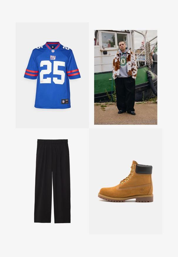 Ung mand iført en pletet brun og hvid pelsjakke over en Oakland Athletics hættetrøje står ved vandkanten nær en grøn båd.; Blå NFL-trøje med hvidt nummer 25, røde og hvide stribede kort ærmer og en strikket krave. Logoet er mærket på kanten.; Sorte brede bukser med en plisseret front, sidelommer og en glat stoftekstur. Designet til en afslappet pasform.; Tan nubuck ankelstøvle med sort polstret krave, gyldne metaløjer, hvid syning detaljer og robust gummisål med udtalte slidbaner.
