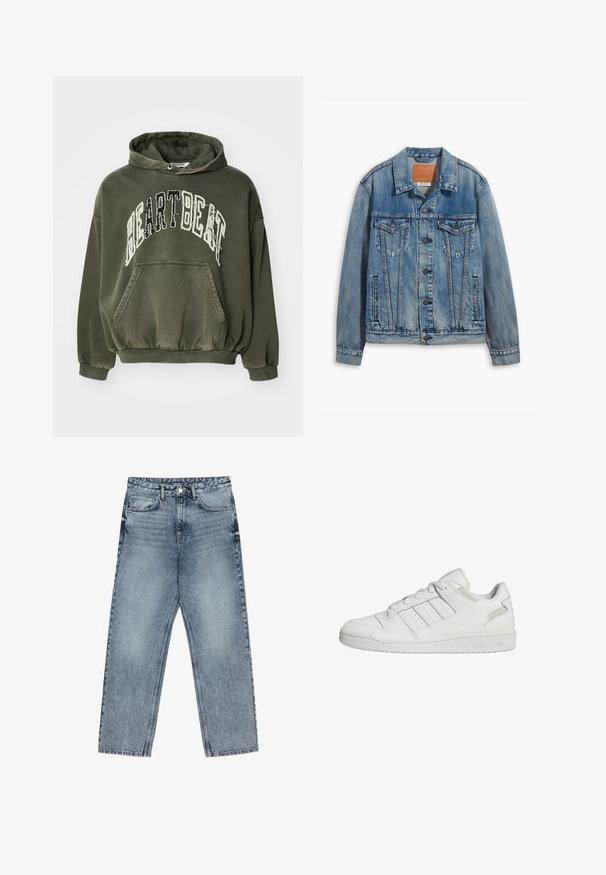 Lys blå denimjakke med klassisk design, knapplukking, to brystlommer og en lærmerke på kragen.; Grønn oversized hettegenser med en frontlomme. Har "HEARTBEAT" i slitt hvit skrift på brystet. Myk tekstur, avslappet passform.; Lys blå denimjeans med rett benkutt, synlige sømmer, fem lommers design og knappelukking i livet.; Hvite Adidas lavtopp sneakers med tre striper på siden, snøring og polstret såle.
