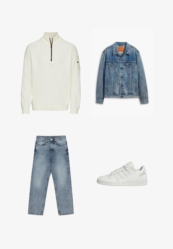 Jasnoniebieska kurtka dżinsowa o klasycznym fasonie, z zapięciem na guziki, dwoma kieszeniami na piersi oraz skórzaną naszywką marki przy kołnierzu.; Biała dziana sweter z kołnierzem na zamek błyskawiczny do połowy, ściągaczami u mankietów i na dole, oraz kieszenią naszywaną na rękawie. Miękka faktura, luźny krój.; Jasnoniebieskie dżinsy z prostymi nogawkami, widocznym przeszyciem, pięcioma kieszeniami oraz zapięciem na guzik w talii.; Białe sportowe sneakersy Adidas niskie z trzema paskami po boku, sznurowane i z wyściełaną podeszwą.