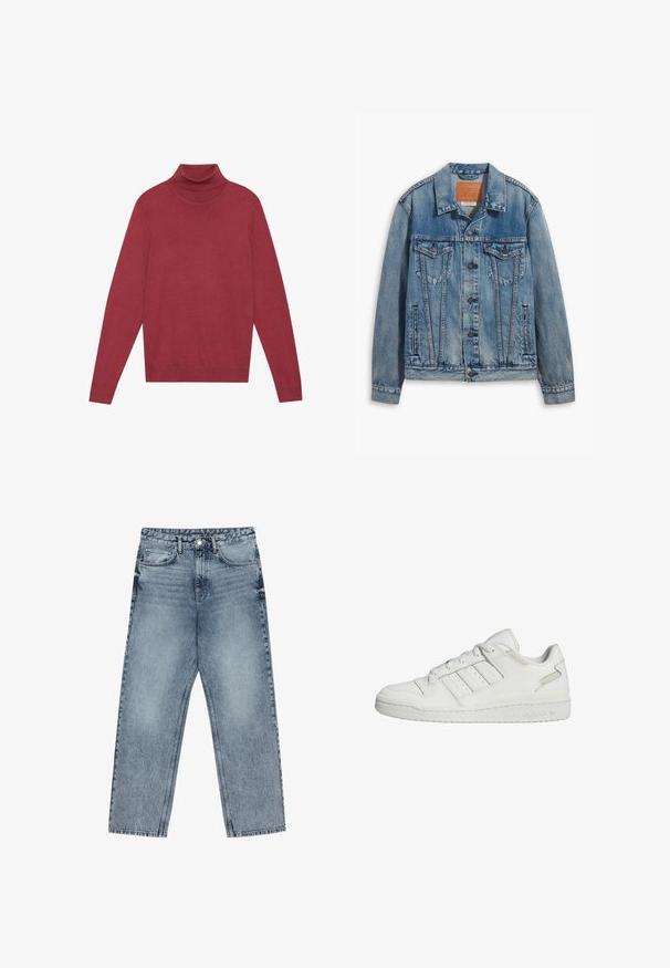 Gai zila denim jaka ar klasisku dizainu, pogu aizdari, divām krūšu kabatām un ādas zīmola uzlīmi pie apkakles.; Sarkanais tērpiņš ar augstu apkakli, izgatavots no mīksta adījuma auduma. Tam ir garas piedurknes un pieguļoša forma. Gluda virsma bez redzamām rakstu vai detaļām.; Gai zilu džinsu bikses ar taisnu kāju griezumu, redzamām šuvēm, piecu kabatu dizainu un pogu aizdari jostasvietā.; Baltie Adidas zemas tenisa kedas ar trim joslām sānos, aukliņu aizdare un mīkstināta zole.