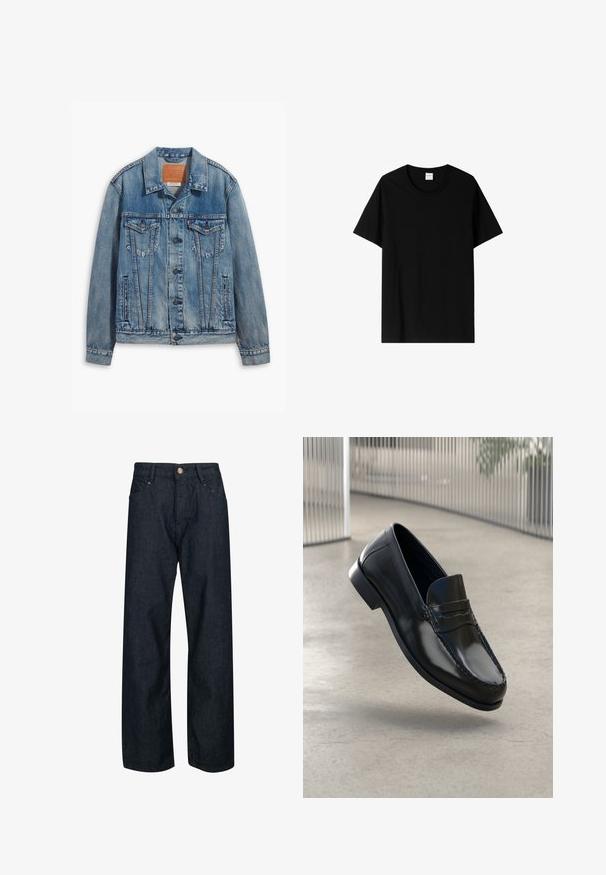 Svetle modrá džínová bunda s klasickým designem, zapínáním na knoflíky, dvěma náprsními kapsami a koženou nášivkou značky na límci.; Černé bavlněné tričko s krátkým rukávem, kulatým výstřihem a jednoduchým designem. Bez vzorů nebo akcentů.; Tmavě modré džíny s rovný fit, s knoflíkovým zapínáním, pěti kapsami a kontrastním prošíváním na švech.; Černé kožené mokasíny s hladkým povrchem, zaoblenou špičkou, dekorativním prošíváním a mírně zvýšenou podrážkou.