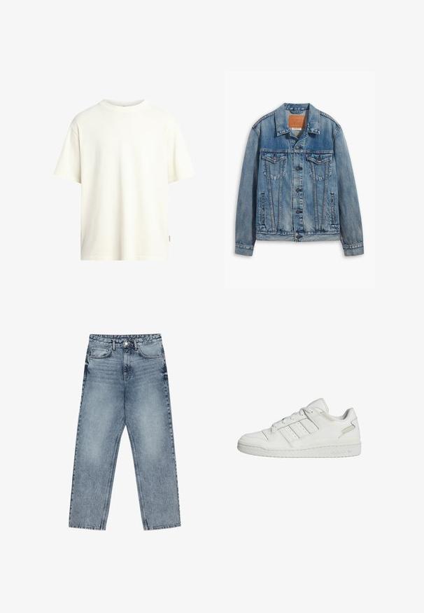 Vaaleansininen farkkutakki, jossa on klassinen muotoilu, nappikiinnitys, kaksi rintataskua ja nahkainen merkkitasku kauluksessa.; T-paita lyhyillä hihoilla ja pyöreällä kauluksella, väri off-white, valmistettu pehmeästä puuvillasta. T-paidassa on suora leikkaus ja minimalistinen design ilman kuvioita.; Vaaleansiniset farkut, joissa on suora lahje, näkyvät tikkaus, viisi taskua ja napin suljenta vyötäröllä.; Valkoiset Adidas matalavartiset lenkkarit, joissa on kolme raitaa sivussa, nauhakiinnitys ja pehmustettu pohja.