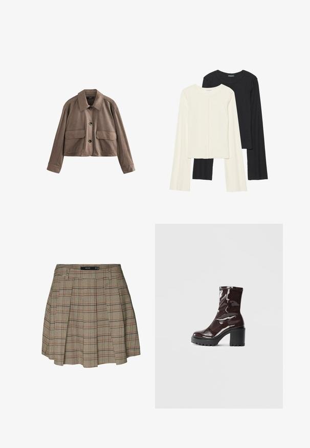 Hnedá kožená skrátená bunda s golierom, predným zapínaním na gombíky, dvoma veľkými vreckami s klopou a dlhými rukávmi so širokými manžetami.; Súprava dvoch dlhých rukávov v bielej a čiernej farbe. Žebrovaná textúra, okrúhly výstrih, priliehavý strih s mierne rozšírenými rukávmi.; Vero Moda VMELLIE MITTLERE TAILLE - sukňa v tvare A - silver mink; Lesklé burgundské kotníkové boty s robustním černým podpatkem, s hladkou strukturou a jednoduchým designem. Bez viditelných zapínání nebo vzorů.
