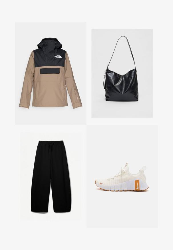 Béžová a černá nepromokavá bunda s kapucí, přední kapsou a elastickými manžetami; obsahuje logo na hrudi a má elegantní design.; Svetle béžový zkrácený svetr, vyrobený z měkké pleteniny, má široký výstřih, spadlé ramena a žebrované manžety a spodní lem.; Černé široké kalhoty s elastickým pasem a šňůrkou. Měkká tkanina s hladkým povrchem. Rovný střih s bočními švy.; Bílé sportovní boty s texturovaným svrškem a oranžovými akcenty. Mají silnou bílou podrážku s gumovým gripem a výrazným brandingem.; Černá kožená kabelka přes rameno s měkkým, texturovaným povrchem. Má zakřivený design a jeden nastavovací popruh. Bez dalšího kování.