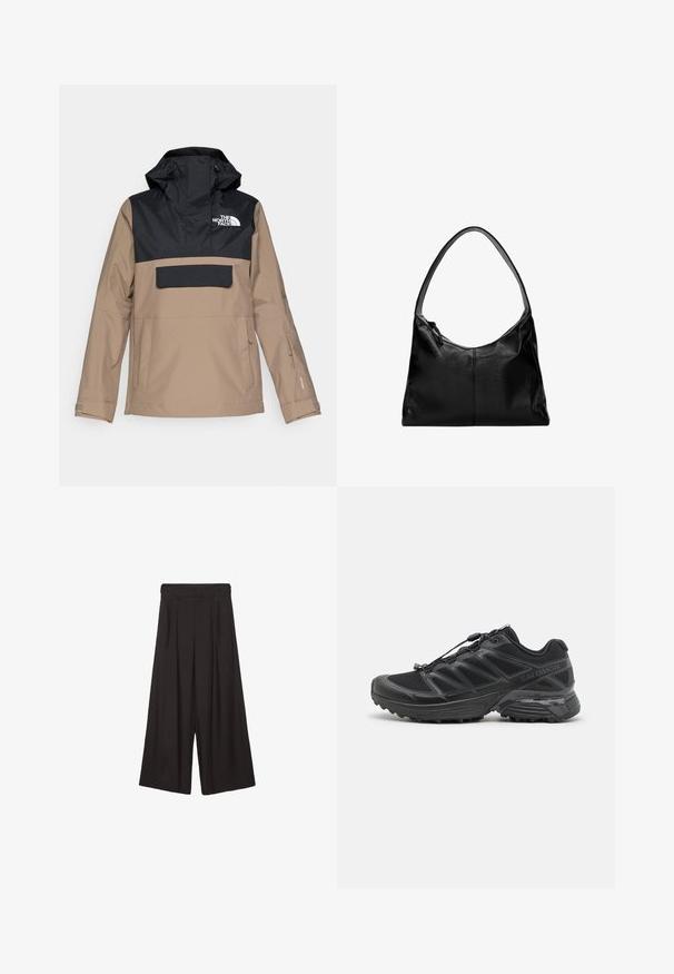 Beige und schwarze wasserdichte Jacke mit Kapuze, Fronttasche und elastischen Bündchen; verfügt über ein Logo auf der Brust und ein elegantes Design.; Helle beige, kurz geschnittene Sweater, aus weichem Strickstoff, mit weitem Ausschnitt, überschnittenen Schultern sowie gerippten Bündchen und Saum.; Schwarze weit geschnittene Hosen mit gefaltetem Vorderdesign, aus glattem Stoff gefertigt. Sie verfügen über eine hohe Taille und eine entspannte, fließende Silhouette.; Schwarzer Laufschuh mit Obermaterial aus Mesh und Synthetik, flexibler Sohle und elastischen Schnürsenkeln. Verfügt über eine gepolsterte Zwischensohle für zusätzlichen Komfort.; Schwarze Leder-Umhängetasche mit glatter Textur, geschwungenem oberen Rand und einem einzigen Tragegurt. Sie verfügt über einen Reißverschluss und ein minimalistisches Design.