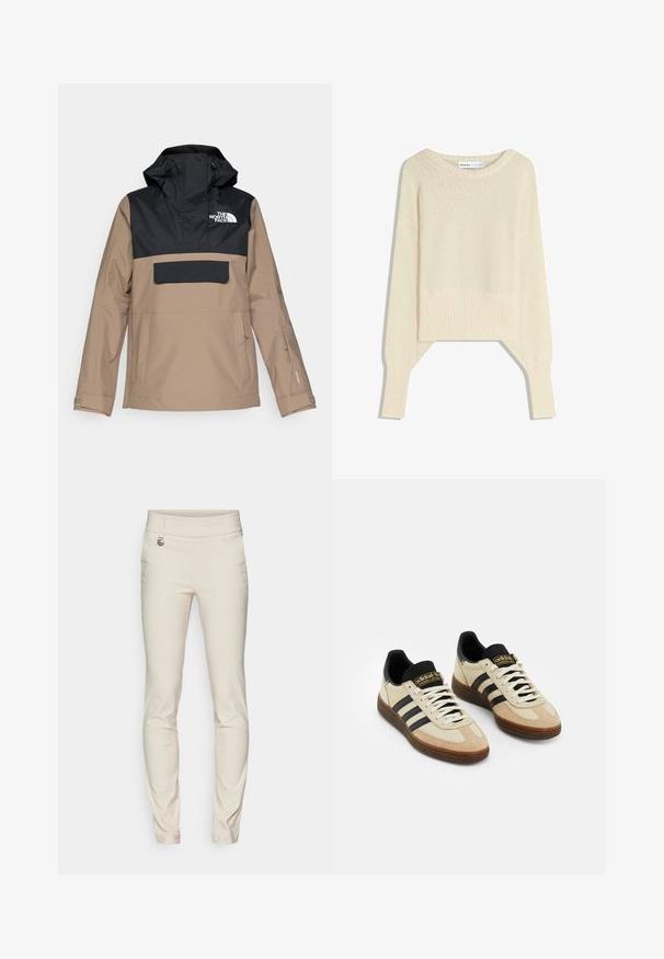 Bež i crna vodootporna jakna s kapuljačom, prednjim džepom i elastičnim manžetama; sadrži logo na prsima i elegantan dizajn.; Svijetlosmeđi skraćeni pulover, izrađen od mekog pletiva, ima široki izrez, spuštene ramena i rebraste manžete i rub.; Daily Sports MAGIC PANTS - Hlače - raw; Bež sportske cipele od suèdea s crnim kožnim detaljima, bijelim vezicama i smešnim gumenim potplatima. Tri crne pruge sa svake strane.