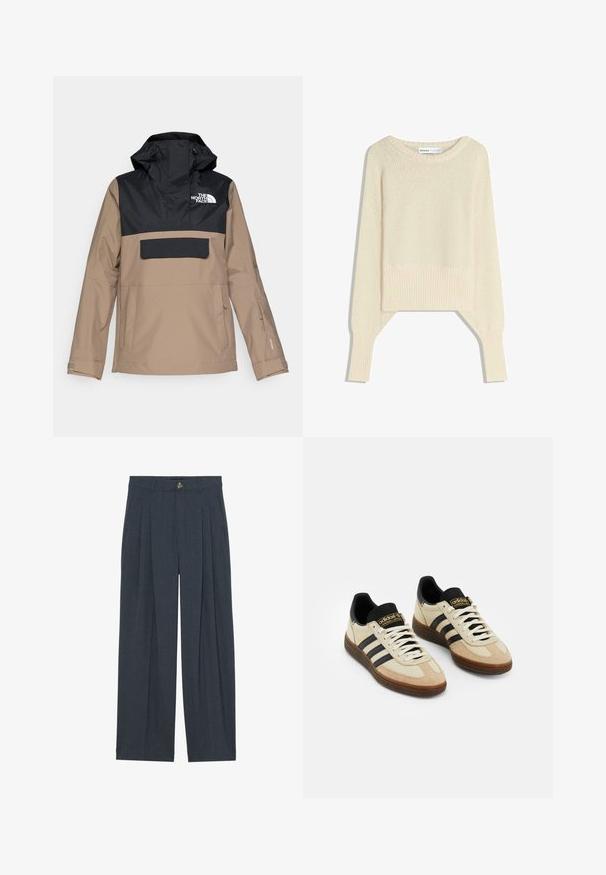 Beige och svart vattentät jacka med huva, framficka och elastiska ärmslut; har logotyp på bröstet och en smidig design.; Ljust beige croppad tröja, tillverkad av ett mjukt stickat tyg, har en vid ringning, sänkta axlar och ribbade ärmslut och nederkant.; Videbyxorna är tillverkade av en strukturerad mörkgrå tyg och har framfickor, knäppning med knapp och sidofickor för extra funktionalitet.; Beiga mockaskor med svarta läderdetaljer, vita snören och brun gummisula. Tre svarta ränder på varje sida.