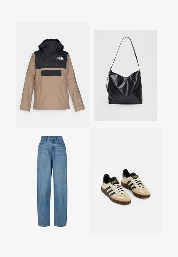 Bež in črna vodoodporna jakna s kapuco, sprednjim žepom in elastičnimi zapestji; vsebuje logo na prsih in eleganten dizajn.; Svetra v svetlem bež odtenku, skrajšanega kroja, izdelana iz mehke pletene tkanine, ima širok izrez, spuščena ramena ter rebraste manšete in spodnji rob.; Svjetloplavi traperice sa ravnim nogavicama, s kopčanjem na dugme, pet džepova i suptilnim izbljeđivanjem po cijelom materijalu.; Bež športni čevlji iz semiša z črnimi usnjenimi detajli, belimi vezalkami in rjavim gumijastim podplatom. Tri črne črte na vsaki strani.; Črna usnjena torba za ramo z mehko, teksturirano površino. Ima ukrivljen dizajn in en sam nastavljiv trak. Brez dodatne opreme.